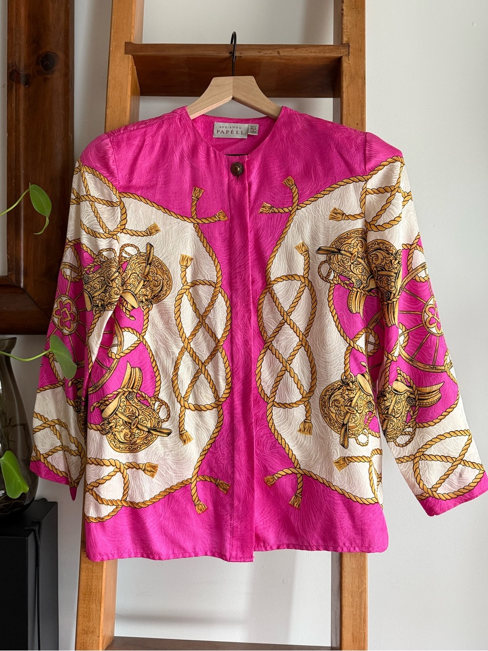 100% Silk SZ 6 Adrianna Papell Hot Pink Silk Jacket with Gold Rope Motif